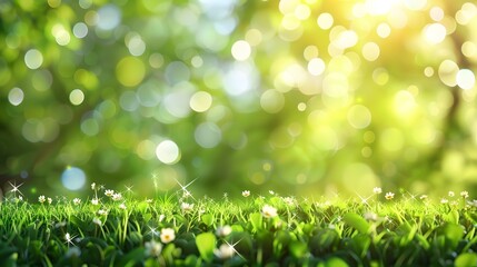 Obraz premium A fresh spring sunny garden background of green grass and blurred foliage bokeh