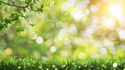 Obraz premium A fresh spring sunny garden background of green grass and blurred foliage bokeh