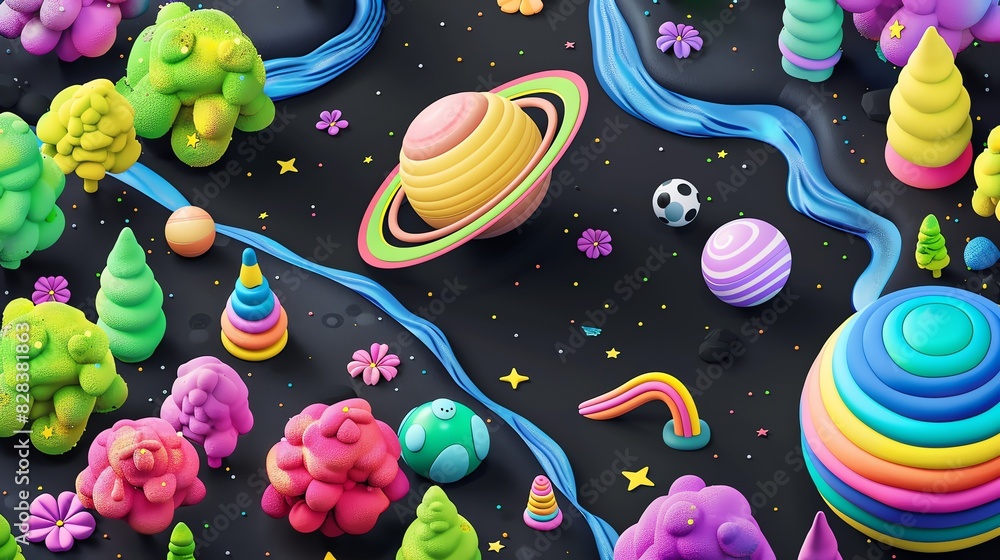 Poster a whimsical and surreal landscape featuring an array of colorful 3d objects, including trees, flower