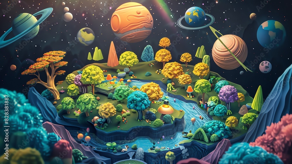 Poster a beautiful 3d rendering of a whimsical forest. the trees are all different colors, and the leaves a