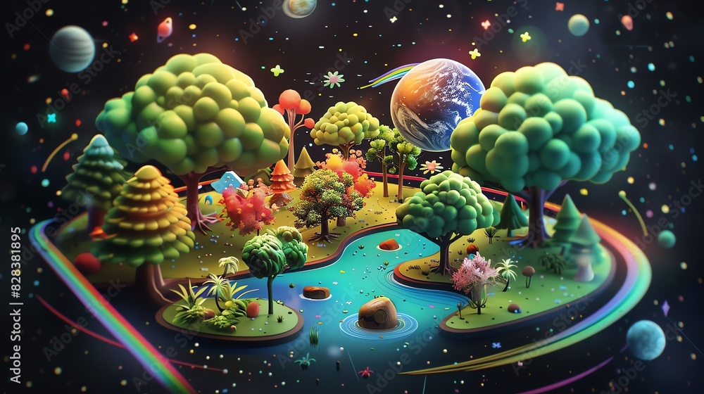 Poster a beautiful 3d rendering of a whimsical forest. the trees are all different colors, and the leaves a