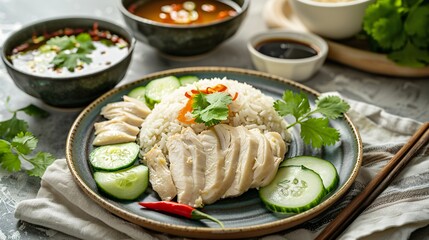 Delicious Serving of Thai Hainanese Chicken Rice with Cucumber Slices and Spicy Sauce - Generative AI