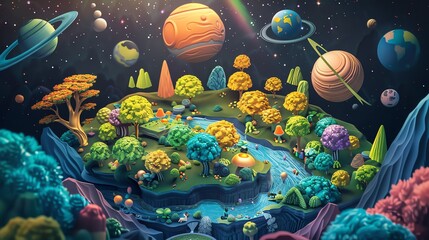 A beautiful 3D rendering of a whimsical forest. The trees are all different colors, and the leaves are a variety of shapes and sizes.