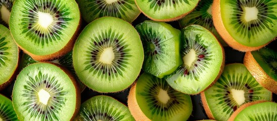 Cut kiwi close-up, agribusiness business concept, organic healthy food and non-GMO fruits with copy space