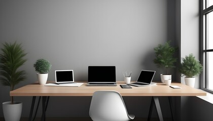 Mockup, modern office interior background with laptop, 3d render