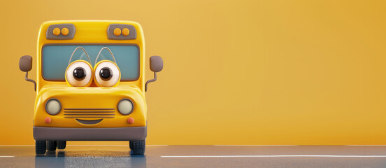 A humorous cartoon picture of a yellow school bus on a yellow background, copy space
