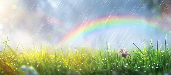 Banner of a beautiful summer landscape decorated with rainbow, green grass and rain with copy space