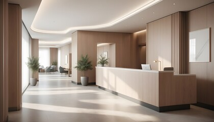 Reception desk and view on hallway in modern hotel, mockup front view, 3d rendering