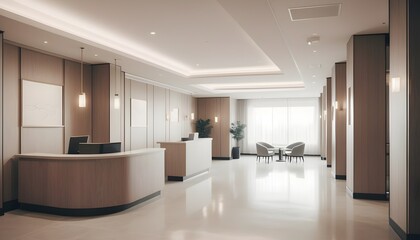 Reception desk and view on hallway in modern hotel, mockup front view, 3d rendering