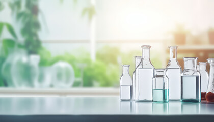 Laboratory flasks and liquids in them