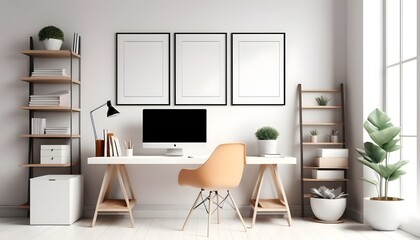 Workplace, office mockup with decoration in bright interior, 3d rendering