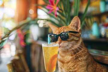 Cute cat in sunglasses sitting happily with a glass of juice at the bar counter in a cafe, summer holiday concept, tourism, banner with copy space
