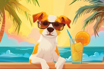 A drawn illustration of cute dog sits happily with a glass of juice at the bar counter in a cafe, concept of summer holidays, tourism, banner with copyspace
