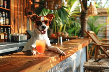 Cute dog in sunglasses sitting happily with a glass of juice at the bar counter in a cafe, summer holiday rest concept, tourism, banner with copy space

