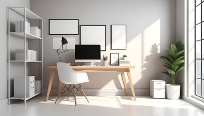 Workplace, office mockup with decoration in bright interior, 3d rendering