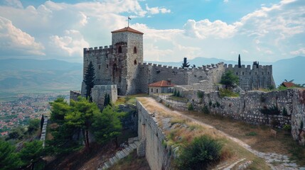 Obraz premium A stone castle with a tower on top of a hill. Suitable for historical or fantasy themes