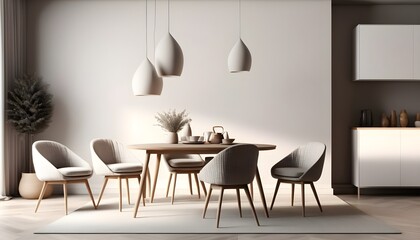Modern stylish interior mockup with table, chair and cozy armchair, dinning, 3d render