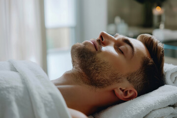 A man relaxes in the salon against the backdrop of candles. The concept of healing, relaxation, rejuvenation and restoration of the body.