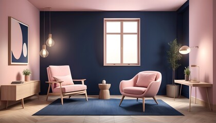 Big frame mockup in modern wooden interior background with pink chair, 3d rendering