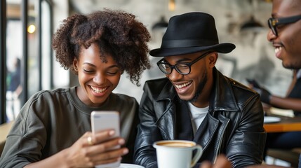 woman and man  sitting at a table, smiling while watching their phone together