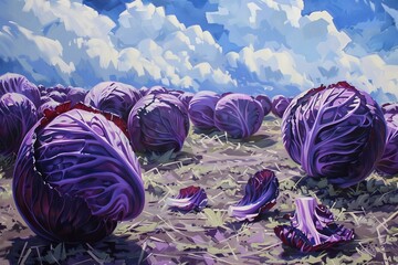 Purple cabbage harvest in the field and beautiful sky. The concept of growing vegetables without GMOs, small business development, vegetable growing.