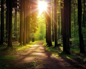 Obraz premium Tranquil sunlit forest path with reflective trees and serene nature scenery