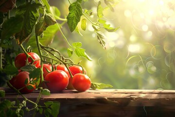 Harvest of ripe red tomatoes illuminated by the sun. The concept of growing vegetables without GMOs, small business development, vegetable growing.