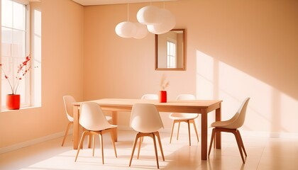 Beige contemporary minimalist interior with table, chair, blank wall, and decor