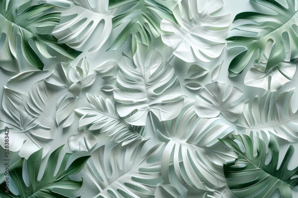 Wall mural 3d white green geometric floral tropical leaves wall texture for modern interiors