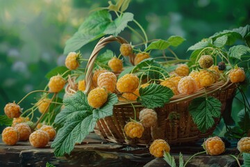 Yellow raspberries with green leaves collected in a basket standing on a stump in the garden.