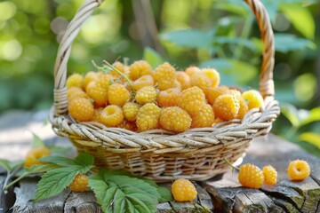Yellow raspberries collected in a basket standing on a stump in the garden.