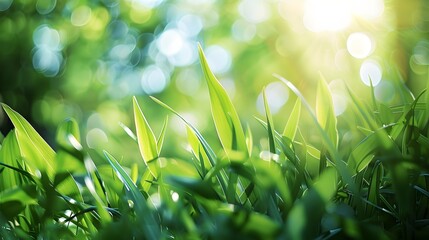Obraz premium A fresh spring sunny garden background of green grass and blurred foliage bokeh