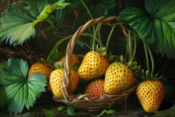 Yellow strawberries with green leaves, collected in a basket standing in the garden.