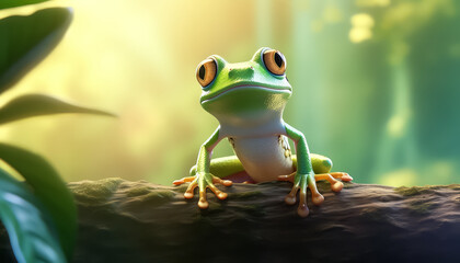 A green frog sits on a branch - Powered by Adobe