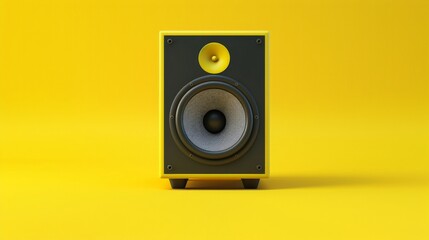 One powerful music speaker on a smooth yellow background in the very center of the composition.