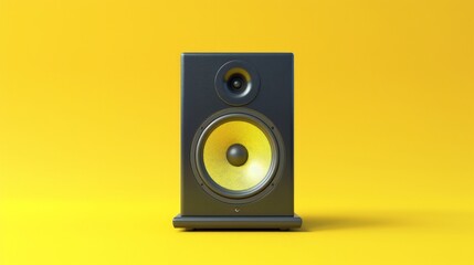 One powerful music speaker on a smooth yellow background in the very center of the composition.