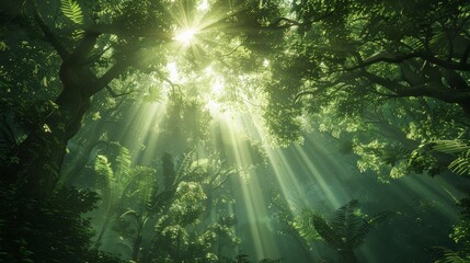 Fototapeta premium Rainforest Canopy: Capture the dense, green canopy of a rainforest with rays of sunlight piercing through, and diverse wildlife inhabiting the treetops. Emphasize the complexity and richness of this n