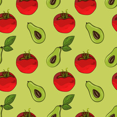 Seamless pattern, background with ripe red juicy tomatoes and avocado. Cherry tomato. For textiles, illustrations, packaging paper, printing about natural vitamins, healthy eating, immunity