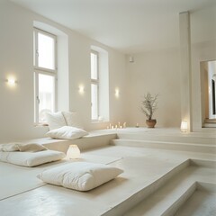 Fototapeta premium Minimalist living room in white color with a white futon, minimalist decor, and an open floor plan that emphasizes space