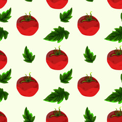 Seamless pattern, background with ripe red juicy tomatoes. Red tomato, cherry tomato. For textiles, illustrations, packaging paper, printing about natural vitamins, healthy eating, immunity