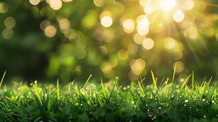 Obraz premium A fresh spring sunny garden background of green grass and blurred foliage bokeh