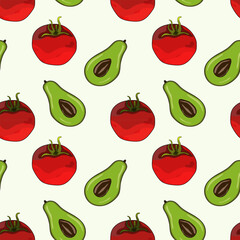 Seamless pattern, background with ripe red juicy tomatoes and avocado. Cherry tomato. For textiles, illustrations, packaging paper, printing about natural vitamins, healthy eating, immunity