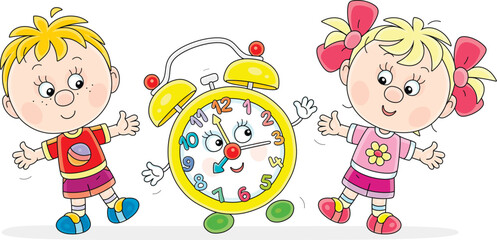 Happy little boy and girl doing morning exercises together with a funny alarm clock cartoon character, vector illustration isolated on a white background