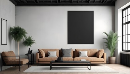 Big black poster frame mockup in loft living room interior, 3d rendering