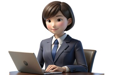 3d Japanese Businesswoman Working On Laptop , Isolated o white background, 3d Japanese Woman
