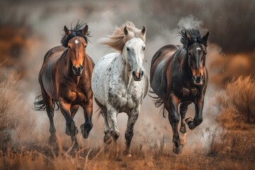 Obraz premium Three majestic horses running wild and free across the expansive desert landscape