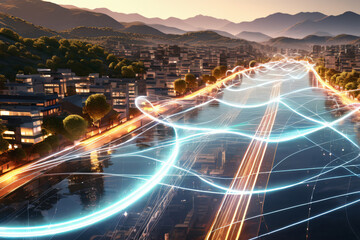 Futuristischer Hintergrund digitale leuchtende Wellen und Netzwerk auf der Straße in der Stadt