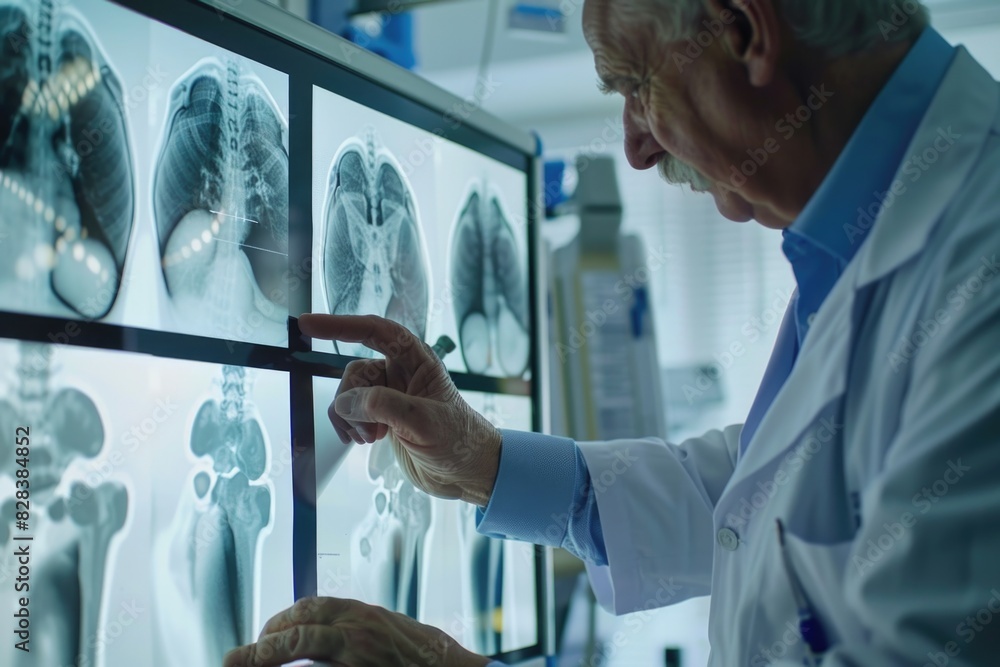 Poster a man in a lab coat studying information on a computer screen. suitable for scientific or technology