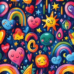 Obraz premium Colorful whimsical pattern with happy hearts, rainbows, and stars on a dark background. Vibrant and playful design.