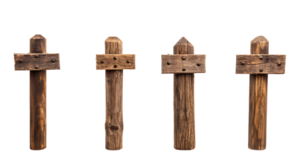 Four different shaped small wooden Christian crosses on an isolated background